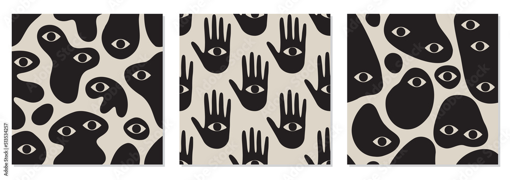 Seamless patterns set with strange surreal creatures with eyes - obrazy, fototapety, plakaty 