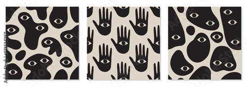 Seamless patterns set with strange surreal creatures with eyes photo