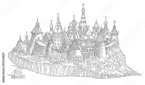 Vector cartoon fairy tale medieval Russian island castle town. Adults and children coloring book page