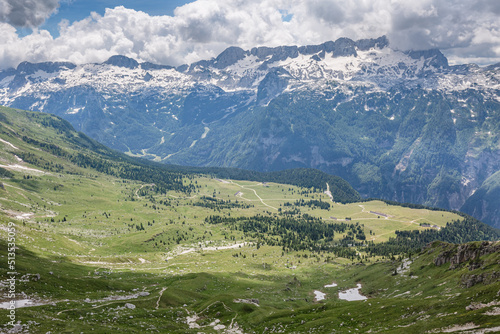 Beautiful nature. Mountain hiking Trail Road. Italy Malga Montasio Forca Disteis