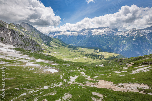 Beautiful nature. Mountain hiking Trail Road. Italy Malga Montasio Forca Disteis