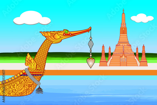 Line art of Bangkok Thailand symbols with Royal barge and Wat Arun Ratchawararam temple along chaophaya river drawing in vector photo