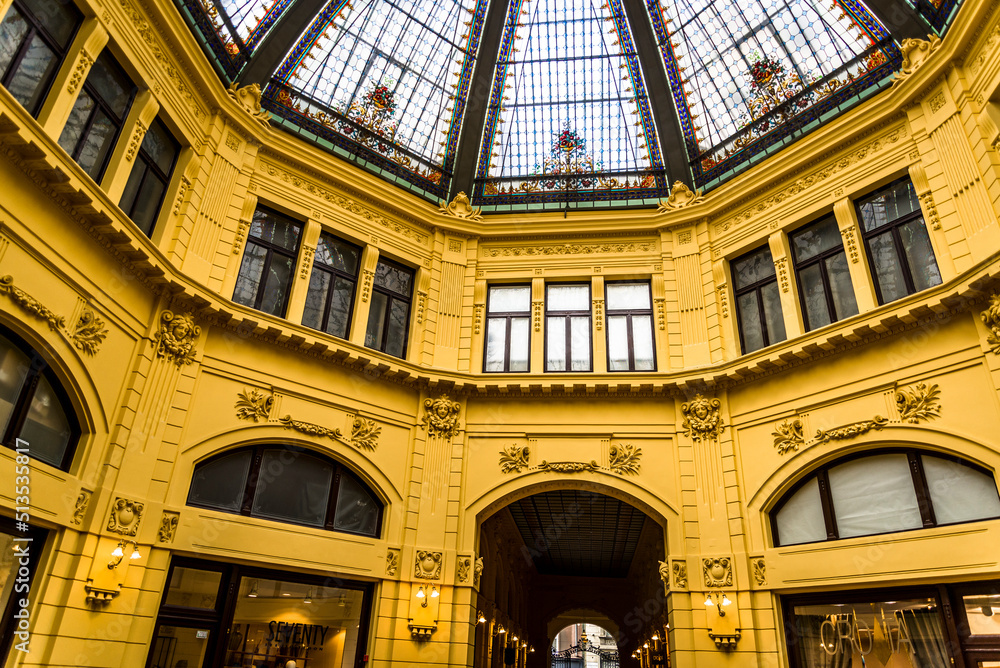Octagonal atrium in Oktogon  urban passageway in central Zagreb designed by architect Josip Vancaš as part of the First Croatian Savings Bank between 1898 and 1900, Zagreb, Croatia
