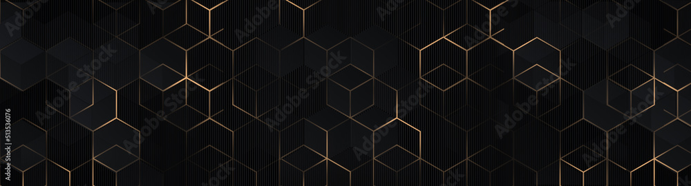 Luxury hexagonal abstract black metal background with golden light lines. Dark 3d geometric texture illustration. Bright grid pattern. Pure black horizontal banner wallpaper. Carbon elegant wedding BG - obrazy, fototapety, plakaty 
