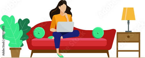 Girl sitting on sofa using a laptop. Freelance or studying concepts. Trendy vector flat illustration