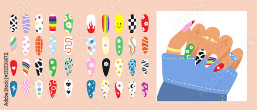 Ideas of nails design art in style of the 90s. Bright colorful manicure set.