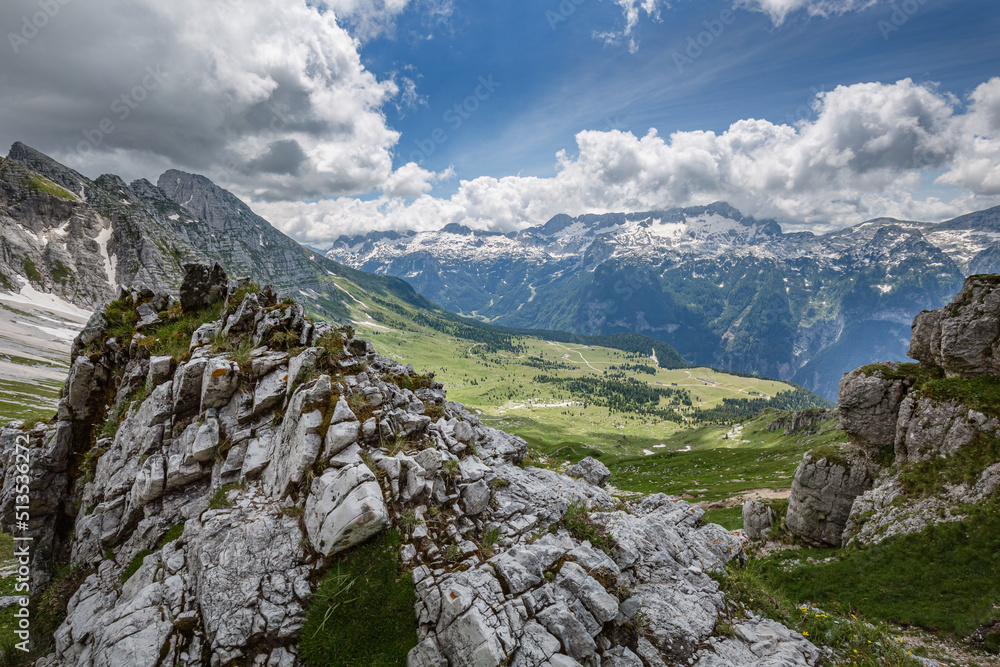 Fototapeta premium Beautiful nature. Mountain hiking Trail Road. Italy Malga Montasio Forca Disteis