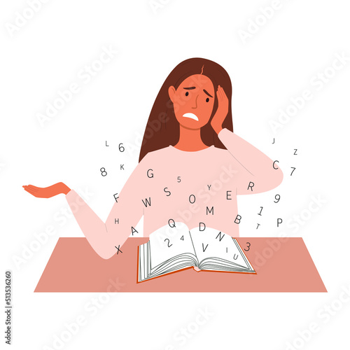 Vector illustration of a young woman with dyslexia having difficulty reading a book. photo