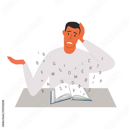 Vector illustration of a young man with dyslexia having difficulty reading a book.