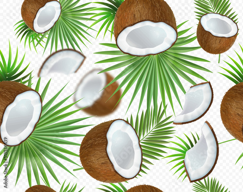 Сoconut seamless tropical pattern. Greeen palm leaf and half of cocnut vector illustration