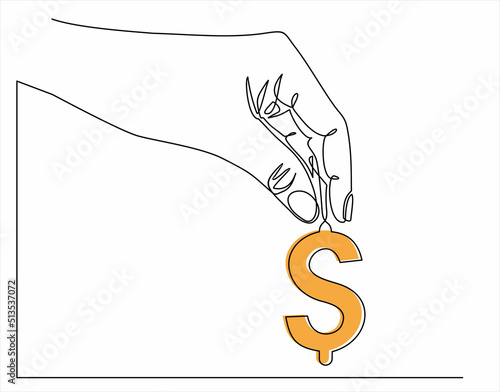 Continuous one line drawing of hand picking dollar sign. Thin line image of woman hand holding money concept. Vector illustration for banner, template, poster, infographics, business web, app.
