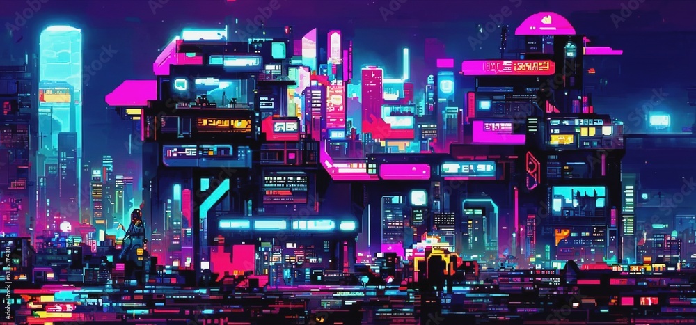 Cyberpunk city street. Sci-fi wallpaper. Futuristic city scene in a style  of pixel art. Urban scene. Generative AI. 22452074 Stock Photo at Vecteezy