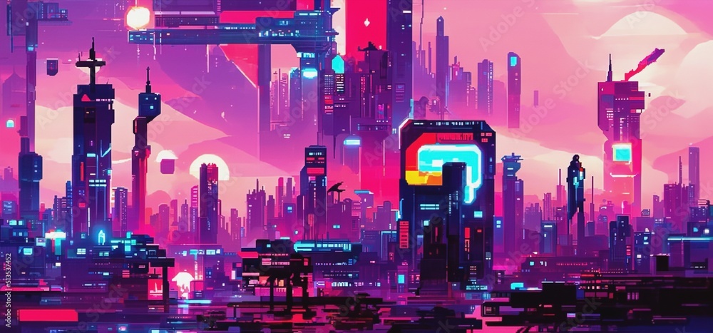 Cyberpunk city street. Sci-fi wallpaper. Futuristic city scene in a style  of pixel art. Urban scene. Generative AI. 22451640 Stock Photo at Vecteezy