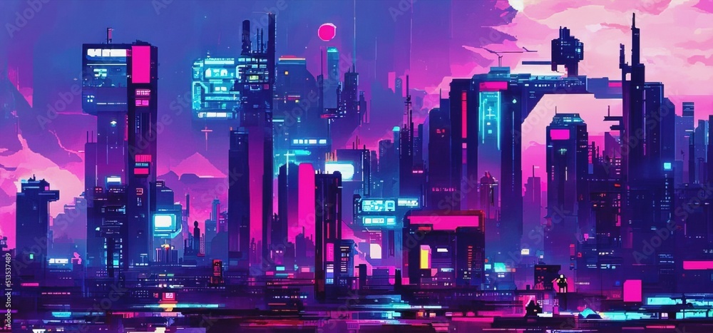 Cyberpunk city street. Sci-fi wallpaper. Futuristic city scene in a style  of pixel art. 80's wallpaper. Retro future 3D illustration. Urban scene.  Stock Illustration