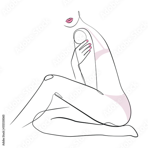 Abstract woman in lingerie one line drawing on white isolated background