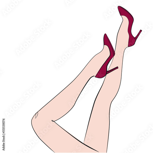 Woman legs in shoes line art on white isolated background