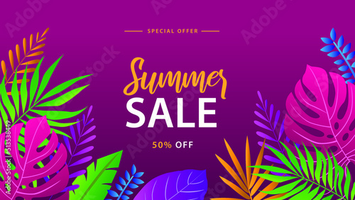 Summer sale banner with leaves on a magenta background. Banner for promotion  magazine  advertising.