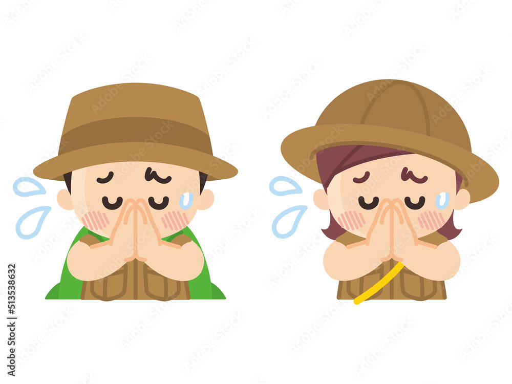 手を合わせて謝る探検隊の子供　ボーイスカウト　冒険　アウトドア