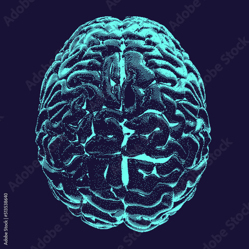 3D illustration of a brain in pixel art style. Concept of brain research and artificial intelligence.