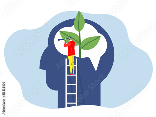 Businessman using  telescope on big head human think growth  mindset concept illustrator vector