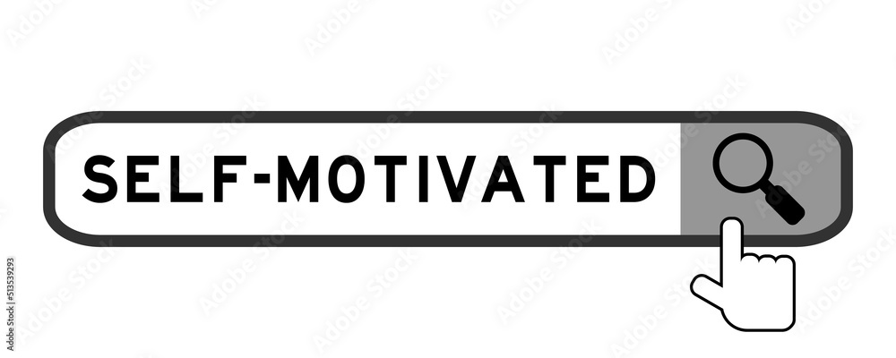 Search banner in word self motivated with hand over magnifier icon on white background Search banner in word self motivated with hand over magnifier icon on white background