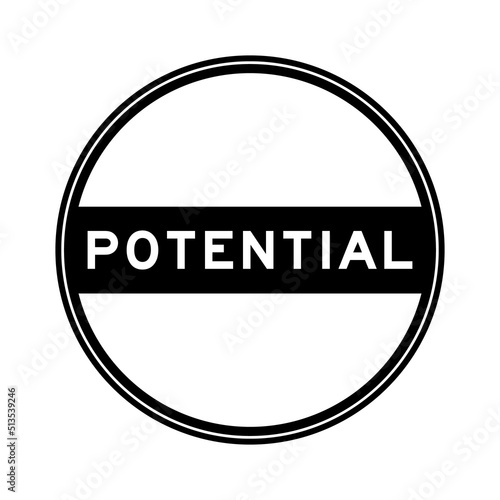 Black color round seal sticker in word potential on white background