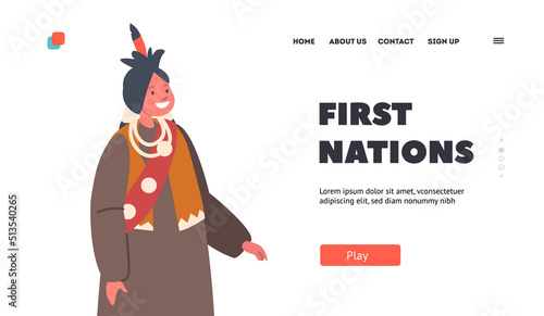 First Nations Landing Page Template. American Indian Boy in National Costume and Smiling Face. Indigenous Child