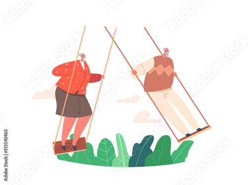 Old Man and Woman Race on Swing, Grandmother and Grandfather Summer Outdoor Activity. Elderly Couple on Flip-Flap