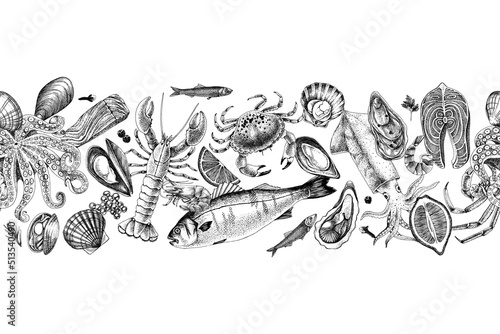 Monochrome hand drawn Seafood seamless border