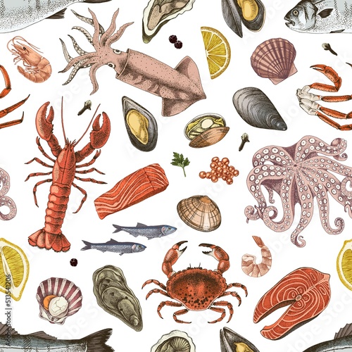 Hand drawn seafood seamless pattern