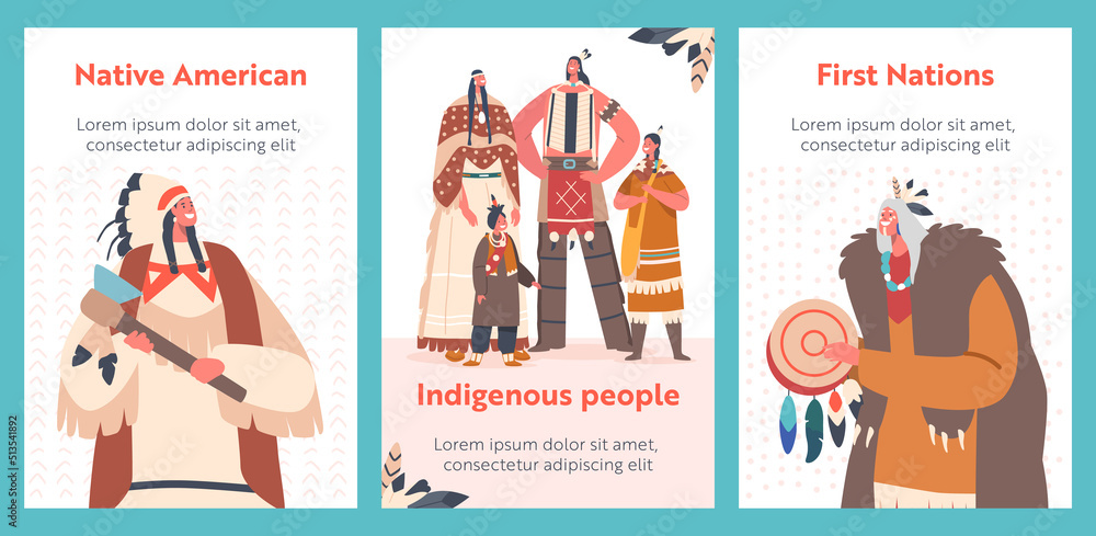 Obraz premium Indian American Indigenous People Cartoon Banners. Warrior, Men, Women and Children, Chief or Shaman Characters