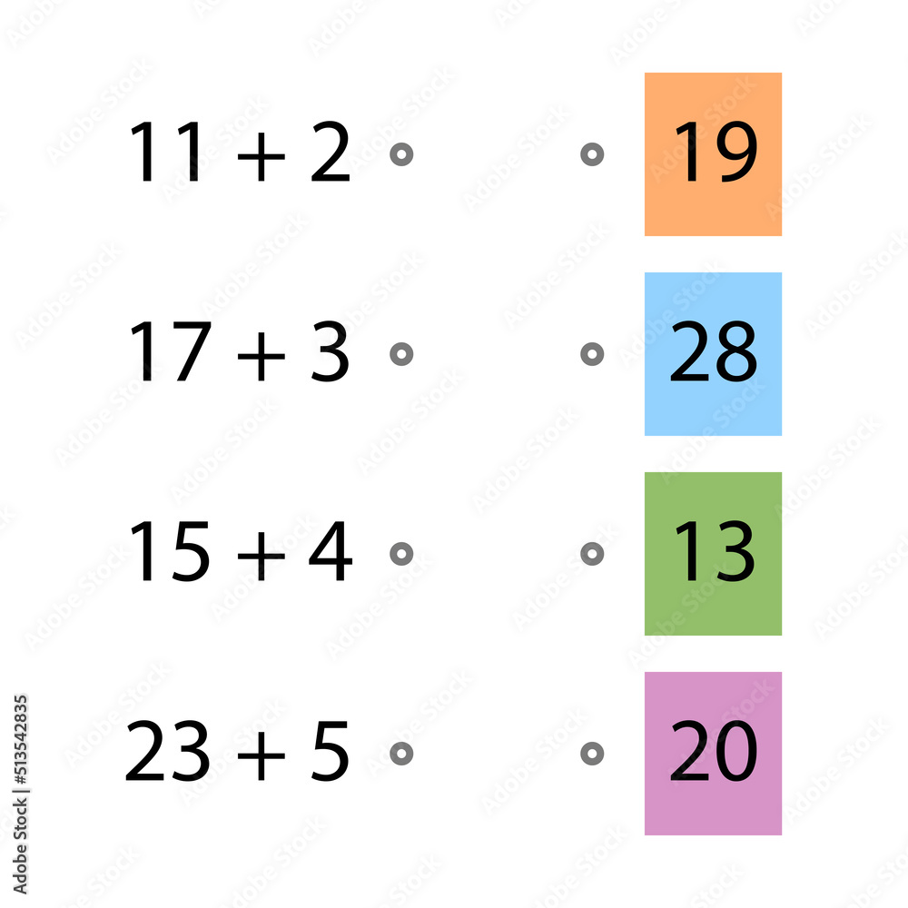 Folding trainer. Choose the correct answer. Addition tables. Fill in the missing numbers. Logic game. Children education poster on mathematics. School vector illustration with colorful cubes Folding trainer. Choose the correct answer. Addition tables. Fill in the missing numbers. Logic game. Children education poster on mathematics. School vector illustration with colorful cubes