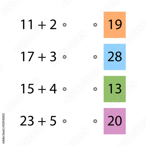 Folding trainer. Choose the correct answer. Addition tables. Fill in the missing numbers. Logic game. Children education poster on mathematics. School vector illustration with colorful cubes