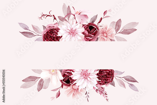 Burgundy and blush floral frame watercolor illustration