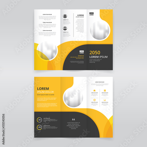Yellow and black colored clean trifold brochure template, trifold flyer layout, pamphlet, leaflet