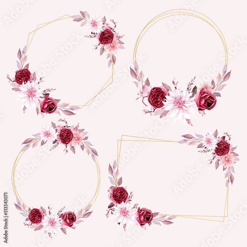 Watercolor burgundy floral frame with geometric shape