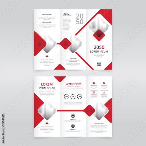Minimal and modern trifold brochure template with red colored square shapes, trifold flyer layout, pamphlet, leaflet