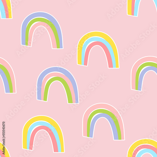 Trendy seamless pattern with colorful rainbow on color background. Design for invitation, poster, card, fabric, textile, fabric. Cute holiday illustration for baby. Scandinavian doodle style