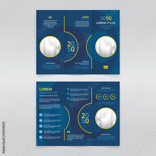 Dark blue and yellow colored modern trifold brochure template, trifold flyer layout, pamphlet, leaflet