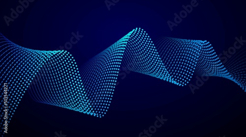 Dynamic particle wave abstract design. Dark background with blurred flowing dots. Vector