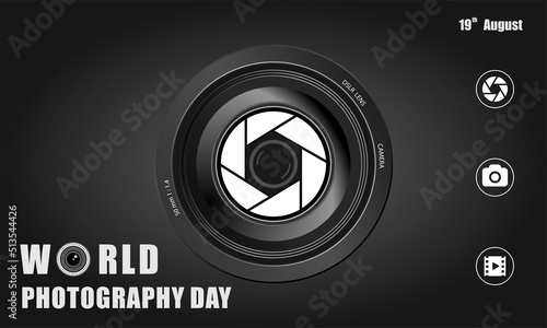 world photography day, perfect design with lens, vector illustration and text.