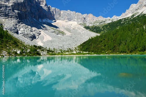 View of Sorapis lake in Dolomite Alps near Cortina d Ampezzo in Veneto region and Belluno province in Italy