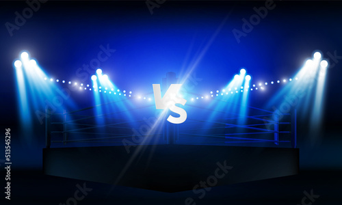 Versus Screen For Fight of sport and game  Battle Or Sport. Boxing ring arena and spotlight floodlights VS bright stadium lights Background Concept vector design