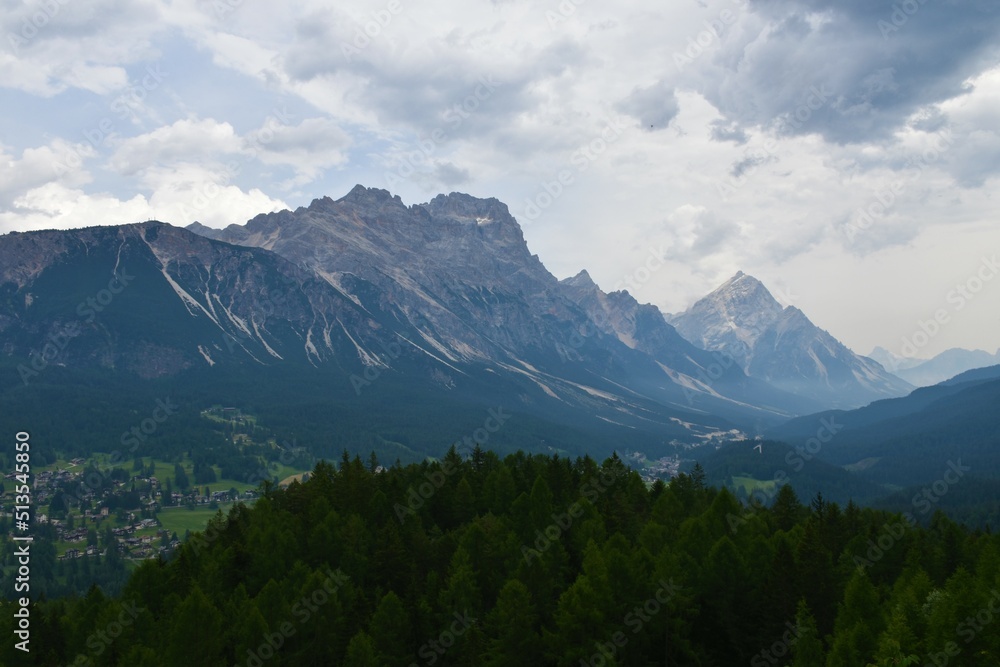 View of Ampezzo valley in Dolomite Mountains above Cortina d ampezzo in Veneto region and Belluno province in Italy with mountains Croda Marcora and Monte Antelao
