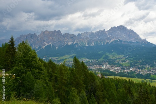 View of the town of Cortina d ampezzo in Dolomite Mountains in Veneto region and Belluno province in Italy with Pomagagnon in Cristallo Group mountain massive towering above