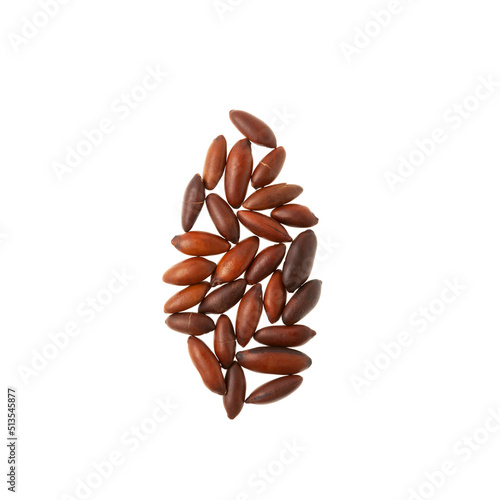 Brazil nuts on white background. Baru seed, also known as baru nut, or chiquitania almond, is the seed of Dipteryx alata Vogel. Trendy superfood. It is rich Anti-oxidants, mainly tocopherols photo