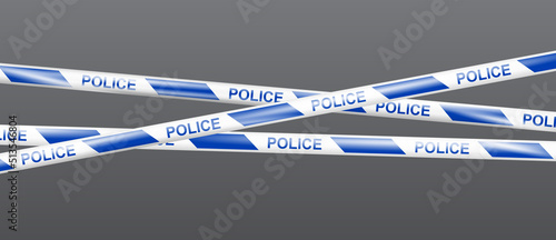 Realistic crossing caution police tape blue and white. Warning signs for crime scene or construction area. Police line and do not cross ribbon. Danger tape. Ribbons for accident, under construction