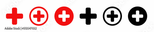 Red cross icon set. Red cross mark. Medicine health symbol. Hospital collection of signs symbol. First aid. Abstract graphic design. Vector illustration
