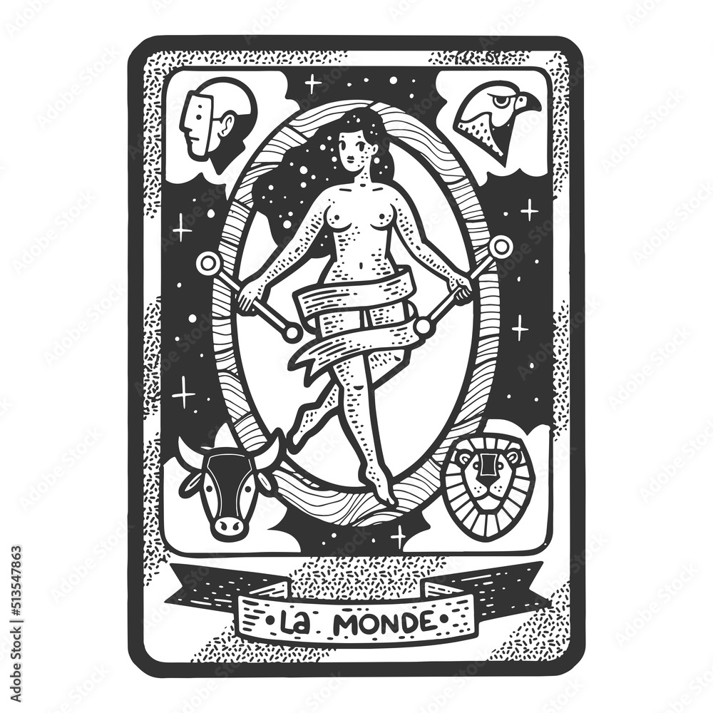 Tarot playing card World sketch engraving vector illustration. T-shirt apparel print design. Scratch board imitation. Black and white hand drawn image.