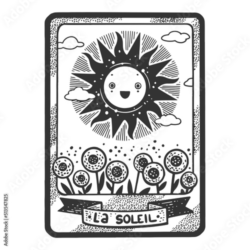 Tarot playing card Sun sketch engraving vector illustration. T-shirt apparel print design. Scratch board imitation. Black and white hand drawn image.